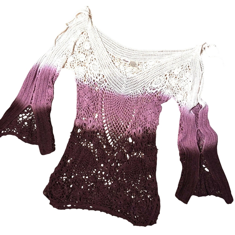 Vintage Y2K Refuge Womens Crochet Knit Ombre Top Purple Cream Boho V-Neck Medium